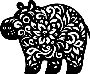 Hippopotamus Solid Black Vector Silhouette in Traditional Mexican Folk Art Style