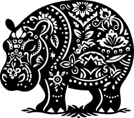 Hippopotamus Solid Black Vector Silhouette in Traditional Mexican Folk Art Style