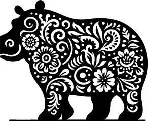 Hippopotamus Solid Black Vector Silhouette in Traditional Mexican Folk Art Style