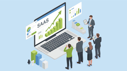 Team analyzing SaaS performance metrics with charts, graphs, and digital devices in modern business meeting focused on data-driven strategy