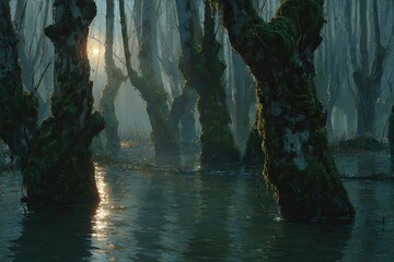 Misty, sun-drenched forest floor, flooded with water
