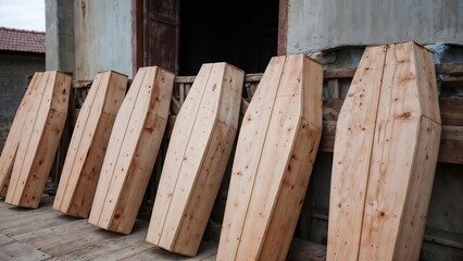 Row of simple wooden coffins outside rustic building