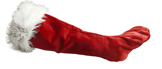 A vibrant red Christmas stocking adorned with fluffy white fur, resting on a neutral background, evoking a festive atmosphere perfect for holiday decorations and gift-giving