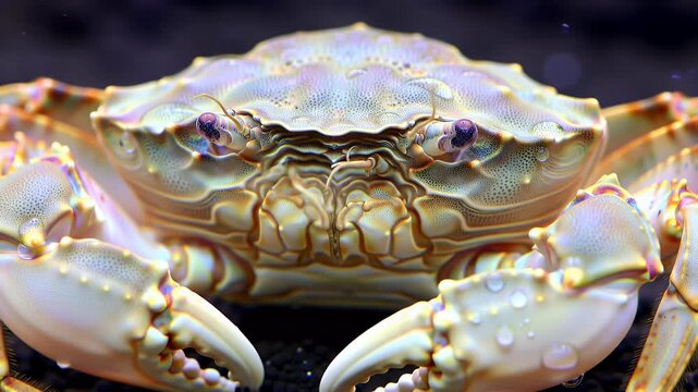 Close-up front view of a pale, textured crab with water droplets, showcasing its intricate shell and eyes against a dark background.