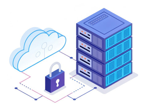 Cybersecurity Awareness, Cloud computing illustration featuring a secure server setup with a padlock symbolizing data protection.