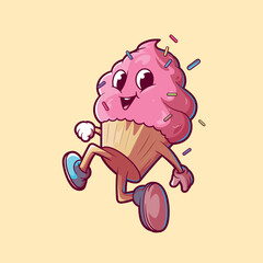 Happy Cupcake Character Running with Big Smile vector illustration. Food, brand design concept.