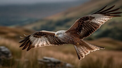 Obraz premium Majestic red kite soars gracefully through the air, displaying its impressive wingspan, a powerful symbol of freedom