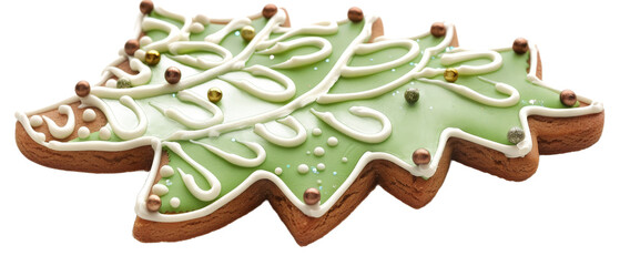 A beautifully decorated gingerbread cookie shaped like a Christmas tree, featuring intricate icing designs and colorful edible beads, perfect for festive celebrations and holiday treats