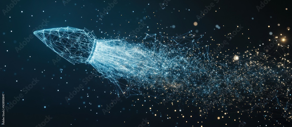Poster abstract image of rocket of a starry sky or space, consisting of points, lines, and shapes in the fo