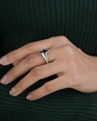 Blue natural Diamond Silver engagement ring for women and girls with model hand