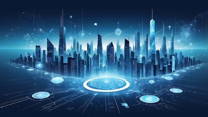 Futuristic smart city skyline with glowing data networks and digital connections. Concept of the metaverse and urban technology.