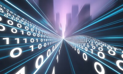 Digital data streams converge towards a futuristic city skyline, symbolizing rapid technological advancement and urban connectivity.