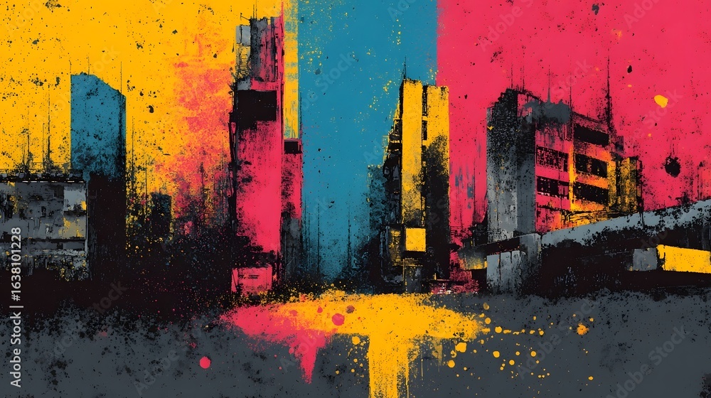 Poster a dynamic expressionistic interpretation of a modern city skyline featuring vibrant colors geometric