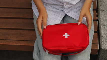 First aid kit. Top view of the first aid kit. High quality photo.