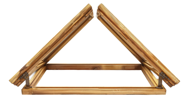 A beautifully crafted wooden A-frame structure showcasing natural wood grain, set against a plain background, ideal for construction or design projects