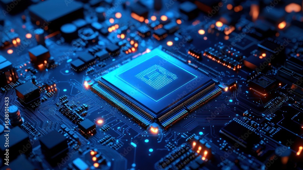 Aufkleber illuminated circuit board with a glowing processor chip