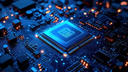 Illuminated Circuit Board with a Glowing Processor Chip