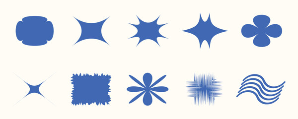 Set of modern abstract blue vector shapes and geometric figures in Y2K style. Trendy design elements for banner, poster, background, social media, web, and digital illustration