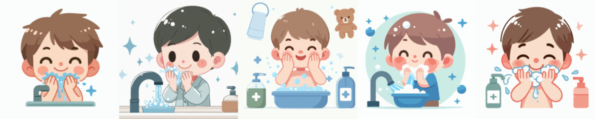 little boy face washing vector