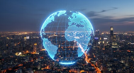 Global interconnectedness at night, a glowing Earth superimposed over a sprawling cityscape.