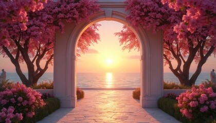 Fototapeta premium Sunrise or sunset over tranquil ocean viewed through an ornate archway. Pink flowering trees and bushes frame the scene, with stone pathway leading to the water. Serene atmosphere.