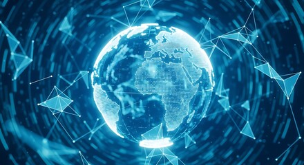 Global network connection, digital data streams swirling around a luminous Earth.