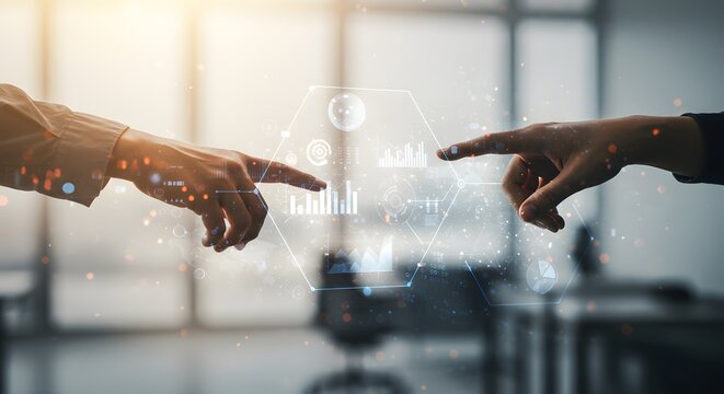 Two hands reaching out to touch a futuristic digital interface with data visualizations