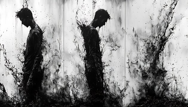 Dark figures, engulfed in expressive black paint splatter, convey emotional distress.