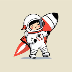 Charming cartoon astronaut dabbing on a shiny rocket, surrounded by cheerful alien friends holding up signs of encouragement in a starry landscape.