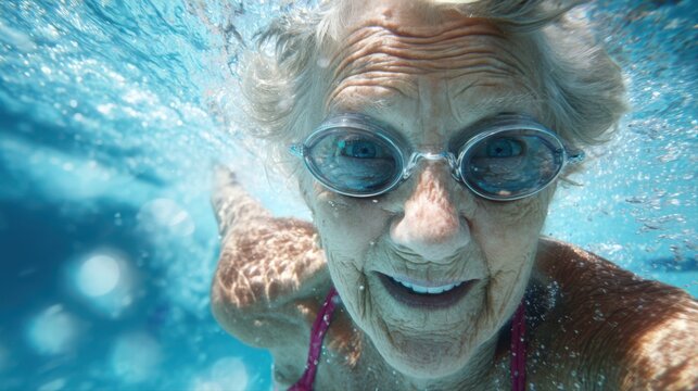 An elderly woman in swimming goggles smiles underwater in a pool