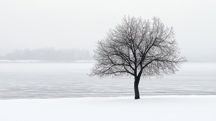 Fototapeta premium A Lone Tree Stands in a Snow-Covered Landscape