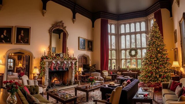 Luxurious manor house living room decorated for Christmas. Grand traditional interior with a fireplace and large festive tree. Cozy holiday home scene.