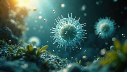 Microscopic view of Acanthamoeba microorganisms in dirty water environment. Detailed illustration of cellular complexity, interactions within ecosystem. Shows potential health, disease implications,