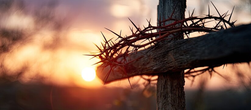 A weathered wooden cross with a crown of thorns, bathed in the warm glow of a sunset