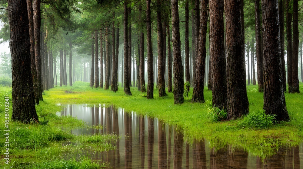 Poster a serene forest path lined with tall trees reflects in a shallow puddle.