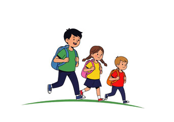 Three children with backpacks walking on a sidewalk, likely heading to school. Suitable for educational themes and backtoschool campaigns.