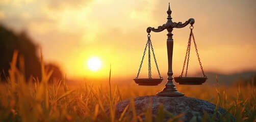 Justice scales moral values, virtue at serene sunrise in natural field. Photo represents balance, fairness, law, equality under warm golden sunlight. Symbol of philosophy, integrity, decision making,