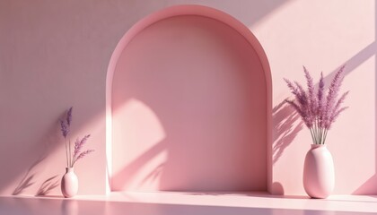 Minimalist pink room features archway, two vases with pampas grass. Soft light casts shadows, creating serene, elegant atmosphere. Perfect for modern interior design concepts, home decor, lifestyle