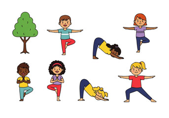 Children practicing yoga poses outdoors near a tree. Perfect for wellness and healththemed designs, educational materials, and lifestyle blog posts.