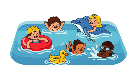 Children joyfully frolic in a sparkling blue pool ideal for summer themes, family fun, vacation concepts, and water sport illustrations.