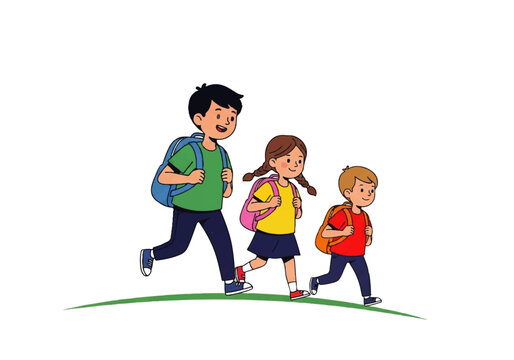 Three children with backpacks walking on a sidewalk, likely heading to school. Suitable for educational themes and backtoschool campaigns.