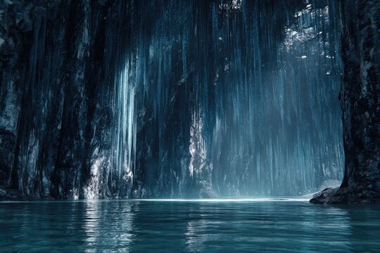 Dark cave with waterfall cascading into a pool of water - Powered by Adobe