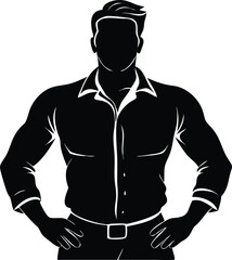 Fototapeta premium A muscular man's silhouette, hands on hips, wears an open-collared shirt and belt, depicted in stark black against a white background, creating a bold, graphic style. 