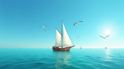 Fototapeta premium A solitary sailboat gliding across a crystal-clear blue ocean under a bright sun, a serene maritime scene in 4K and HD.