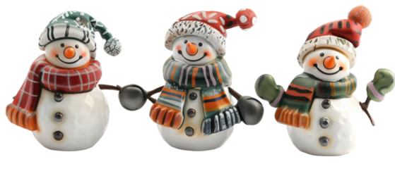 Three cheerful ceramic snowmen, adorned with colorful hats and scarves, standing side by side against a white background, evoking a festive winter atmosphere