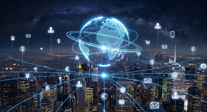 Global network connectivity visualized over a nighttime cityscape, showcasing interconnectedness through digital icons and glowing lines.