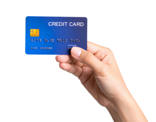Female Hand Holding Blue Credit Card – Shopping Gesture on Transparent Background.