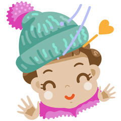 a cute cartoon illustration of a little girl wearing a knitted hat with a pom-pom