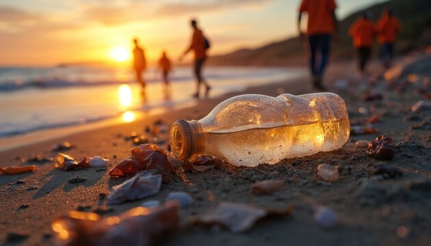 Plastic waste litters beach during sunset as volunteers collect debris. Single plastic bottle lies on sand near ocean. Environmentalists work together for coastline cleanup, raising awareness about