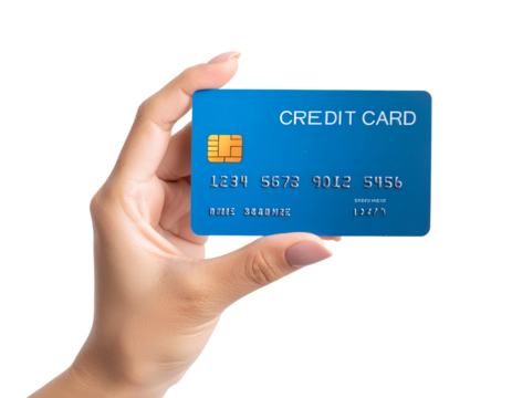 Female Hand Holding Blue Credit Card – Shopping Gesture on Transparent Background.